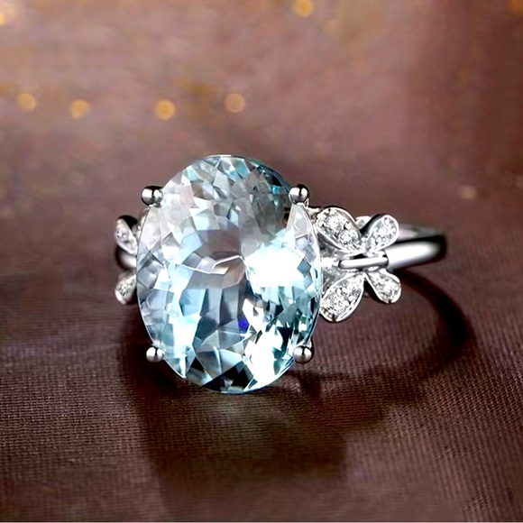 ♥️Aquamarine Blue Oval Cut Zircon,Butterfly white Zircon stones 18K gold plated - Picture 8 of 12